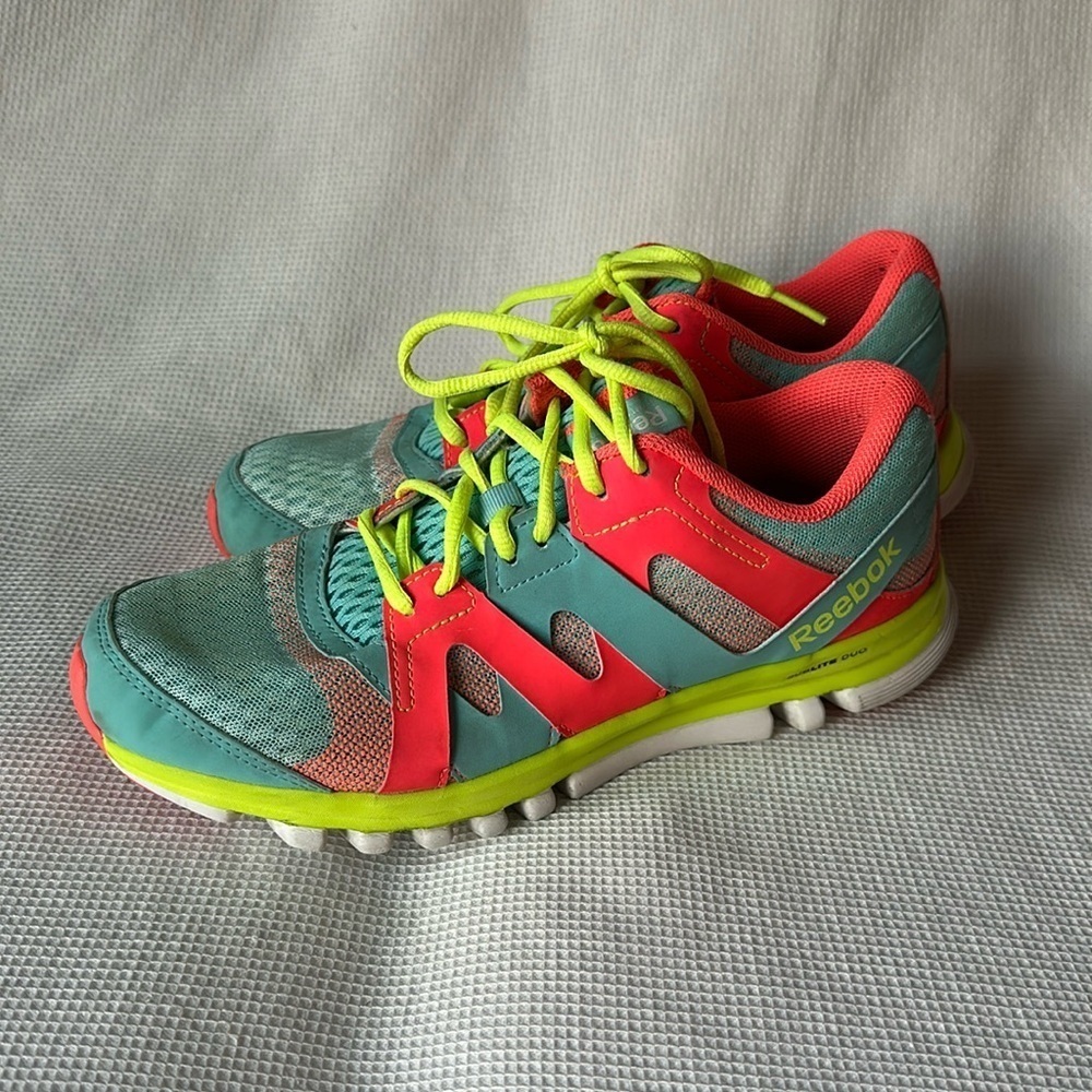 Reebok SubLite Duo Womens Running Shoes Teal Pink Neon Green Sneakers Size 8.5